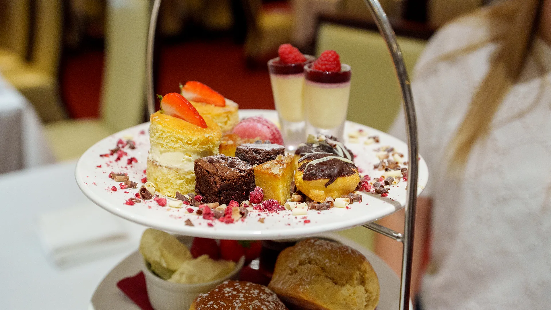 A two-tiered afternoon tea at Arden Hotel Restaurant.